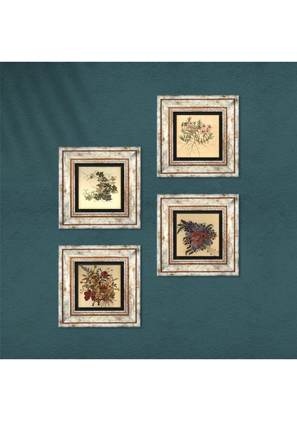 Vintage Çiçek Çerçeveli Taş Duvar Tablosu 4’lü Set - Dekoratif Modern Sanat, Ev ve Ofis Dekoru |TK4-36| fırsatları