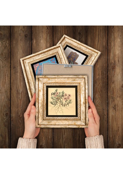 Vintage Çiçek Çerçeveli Taş Duvar Tablosu 4’lü Set - Dekoratif Modern Sanat, Ev ve Ofis Dekoru |TK4-36| modelleri