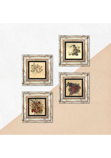 Vintage Çiçek Çerçeveli Taş Duvar Tablosu 4’lü Set - Dekoratif Modern Sanat, Ev ve Ofis Dekoru |TK4-36| indirimleri
