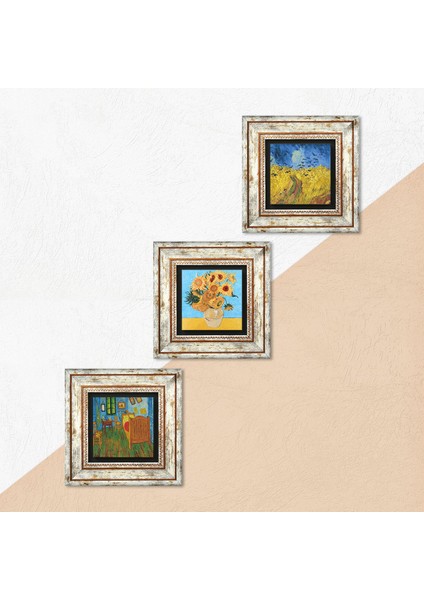 Stone Van Gogh Çerçeveli Taş Duvar Tablosu 3’lü Set - Dekoratif Modern Sanat, Ev ve Ofis Dekoru |TK3-556| indirimleri