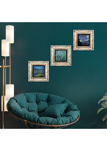 Stone Van Gogh Ren Nehri, Yıldızlı Gece, Badem Ağacı Çerçeveli Taş Duvar Tablosu 3’lü Set - Dekoratif Modern Sanat, Ev ve Ofis Dekoru |TK3-568|