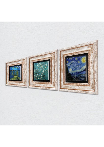 Stone Van Gogh Ren Nehri, Yıldızlı Gece, Badem Ağacı Çerçeveli Taş Duvar Tablosu 3’lü Set - Dekoratif Modern Sanat, Ev ve Ofis Dekoru |TK3-568| fiyatları