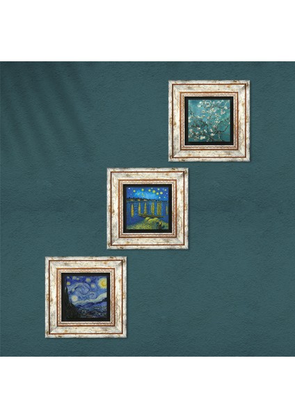 Stone Van Gogh Ren Nehri, Yıldızlı Gece, Badem Ağacı Çerçeveli Taş Duvar Tablosu 3’lü Set - Dekoratif Modern Sanat, Ev ve Ofis Dekoru |TK3-568| fırsatları