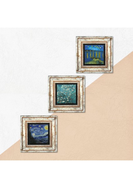 Stone Van Gogh Ren Nehri, Yıldızlı Gece, Badem Ağacı Çerçeveli Taş Duvar Tablosu 3’lü Set - Dekoratif Modern Sanat, Ev ve Ofis Dekoru |TK3-568| indirimleri