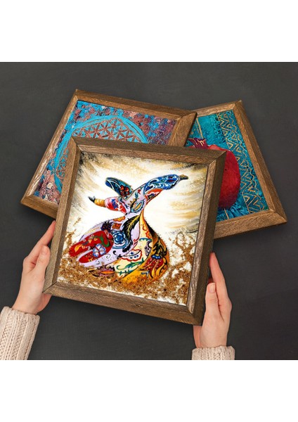 Yaşam Çiçeği, Karla Gerard Hayat Ağacı, Semazen Taş Duvar Tablosu Ahşap Çerçeveli Duvar Dekoru 3 Parça Tablo Seti Wall Art W3-335