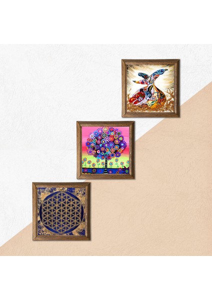 Yaşam Çiçeği, Karla Gerard Hayat Ağacı, Semazen Taş Duvar Tablosu Ahşap Çerçeveli Duvar Dekoru 3 Parça Tablo Seti Wall Art W3-335