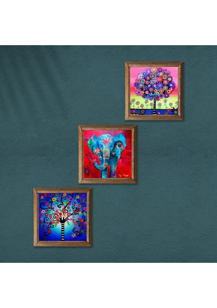 Fil, Hayat Ağacı Taş Duvar Tablosu Ahşap Çerçeveli Duvar Dekoru 3 Parça Tablo Seti Wall Art W3-341