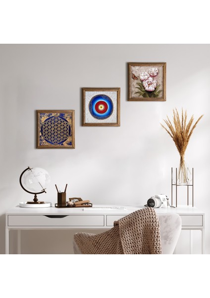 Nazar, Yaşam Çiçeği, Kelebekli Çiçek Taş Duvar Tablosu Ahşap Çerçeveli Duvar Dekoru 3 Parça Tablo Seti Wall Art W3-349