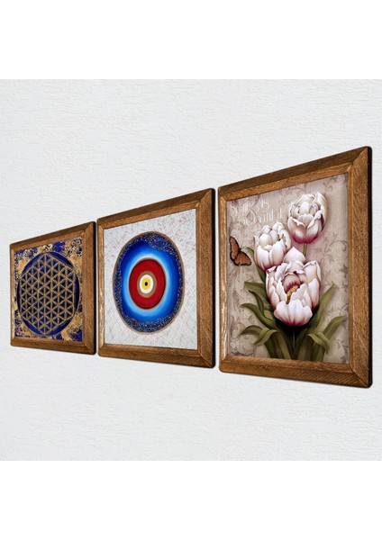 Nazar, Yaşam Çiçeği, Kelebekli Çiçek Taş Duvar Tablosu Ahşap Çerçeveli Duvar Dekoru 3 Parça Tablo Seti Wall Art W3-349