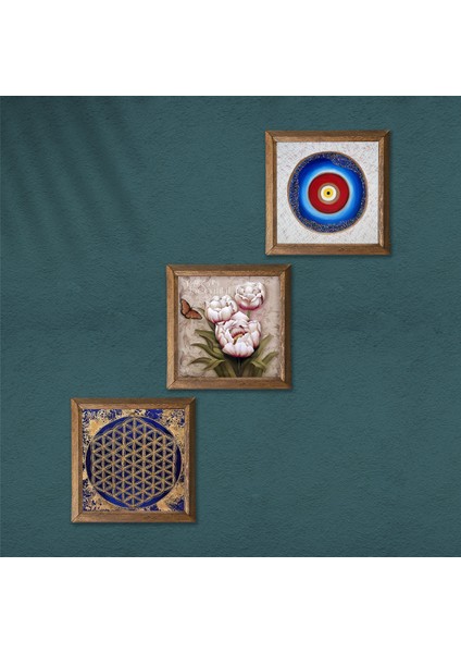 Nazar, Yaşam Çiçeği, Kelebekli Çiçek Taş Duvar Tablosu Ahşap Çerçeveli Duvar Dekoru 3 Parça Tablo Seti Wall Art W3-349