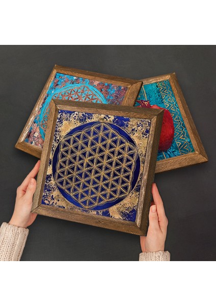 Nazar, Yaşam Çiçeği, Kelebekli Çiçek Taş Duvar Tablosu Ahşap Çerçeveli Duvar Dekoru 3 Parça Tablo Seti Wall Art W3-349