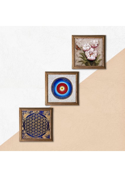 Nazar, Yaşam Çiçeği, Kelebekli Çiçek Taş Duvar Tablosu Ahşap Çerçeveli Duvar Dekoru 3 Parça Tablo Seti Wall Art W3-349
