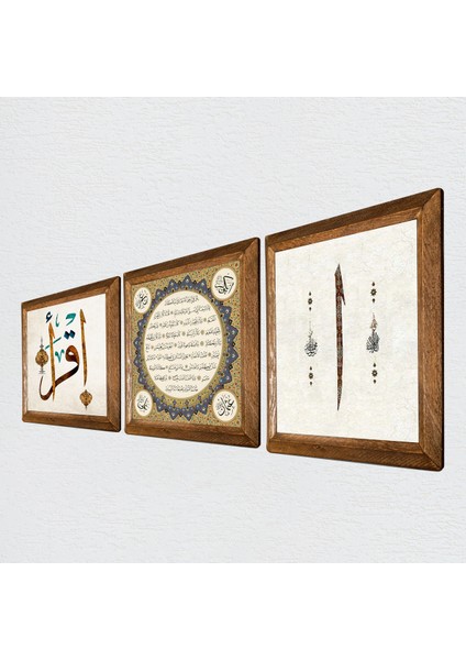 Elif, İlk Ayet 'Oku', Hilye-i Şerif Taş Duvar Tablosu Ahşap Çerçeveli Duvar Dekoru 3 Parça Tablo Seti Wall Art W3-364