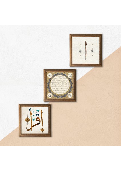 Elif, İlk Ayet 'Oku', Hilye-i Şerif Taş Duvar Tablosu Ahşap Çerçeveli Duvar Dekoru 3 Parça Tablo Seti Wall Art W3-364