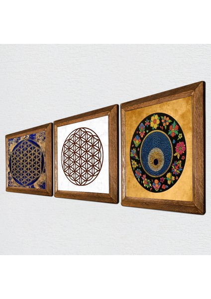 Yaşam Çiçeği, Nazar Boncuğu Taş Duvar Tablosu Ahşap Çerçeveli Duvar Dekoru 3 Parça Tablo Seti Wall Art W3-366