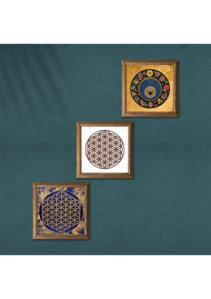 Yaşam Çiçeği, Nazar Boncuğu Taş Duvar Tablosu Ahşap Çerçeveli Duvar Dekoru 3 Parça Tablo Seti Wall Art W3-366