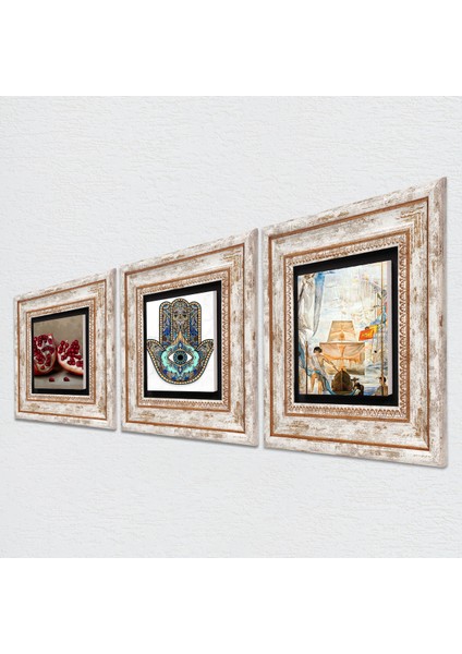 Salvador Dalí Amerika’nın Keşfi, Nar, Fatma Ana Eli Taş Duvar Tablosu Çerçeveli Duvar Dekoru 3 Parça Tablo Seti Wall Art T3-780