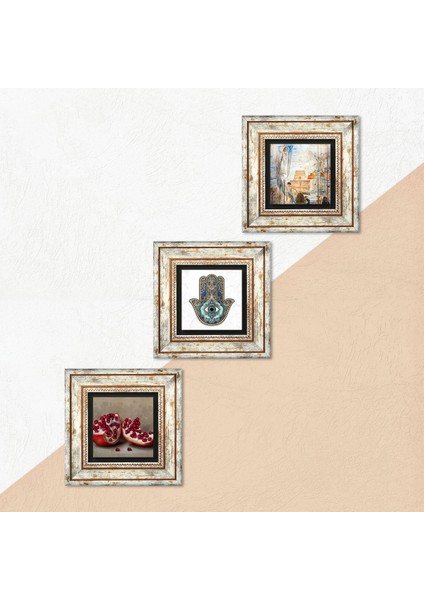 Salvador Dalí Amerika’nın Keşfi, Nar, Fatma Ana Eli Taş Duvar Tablosu Çerçeveli Duvar Dekoru 3 Parça Tablo Seti Wall Art T3-780