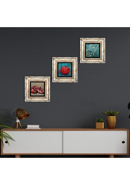 Van Gogh Badem Ağacı, Nar Taş Duvar Tablosu Çerçeveli Duvar Dekoru 3 Parça Tablo Seti Wall Art T3-793