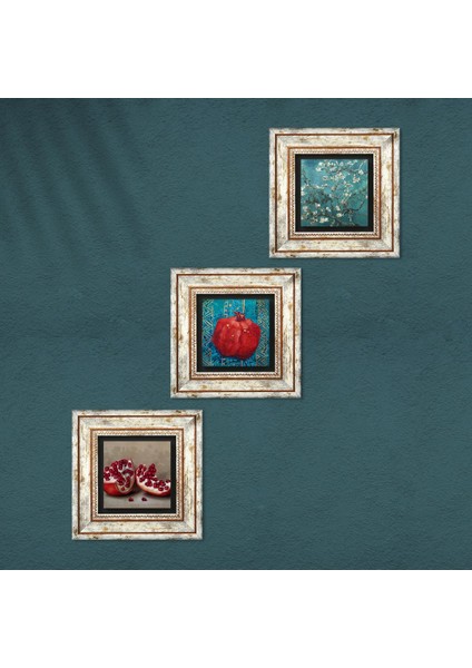 Van Gogh Badem Ağacı, Nar Taş Duvar Tablosu Çerçeveli Duvar Dekoru 3 Parça Tablo Seti Wall Art T3-793