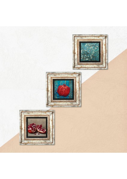 Van Gogh Badem Ağacı, Nar Taş Duvar Tablosu Çerçeveli Duvar Dekoru 3 Parça Tablo Seti Wall Art T3-793