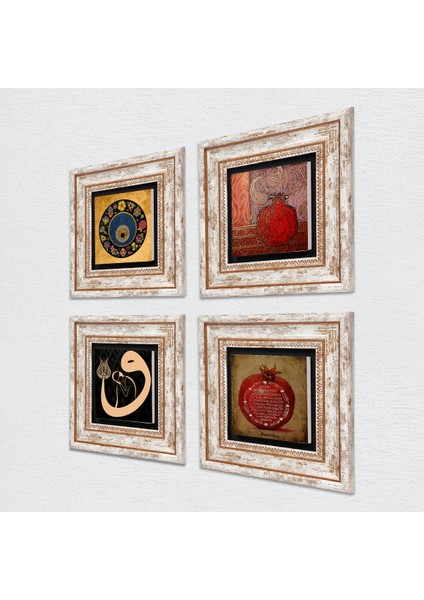 Vav, Nazar, Nar, Bereket Duası Taş Duvar Tablosu Çerçeveli Duvar Dekoru 4 Parça Tablo Seti Wall Art T4-219 fiyatları