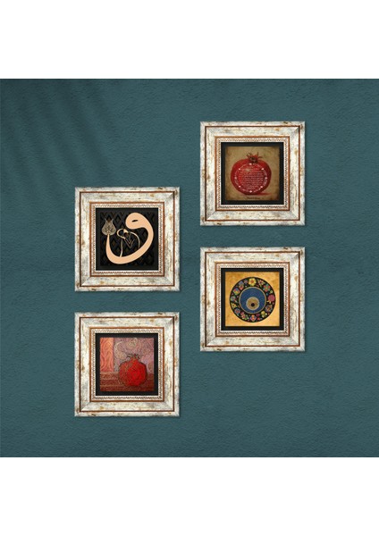 Vav, Nazar, Nar, Bereket Duası Taş Duvar Tablosu Çerçeveli Duvar Dekoru 4 Parça Tablo Seti Wall Art T4-219 fırsatları