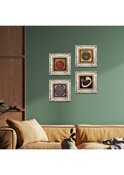 Yaşam Çiçeği, Vav, Nazar, Bereket Duası Taş Duvar Tablosu Çerçeveli Duvar Dekoru 4 Parça Tablo Seti Wall Art T4-223