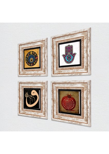 Stone Fatma Ana Eli (Hamsa), Vav, Nazar, Bereket Duası Çerçeveli Taş Duvar Tablosu 4’lü Set - Dekoratif Modern Sanat, Ev ve Ofis Dekoru |TK4-227| fiyatları