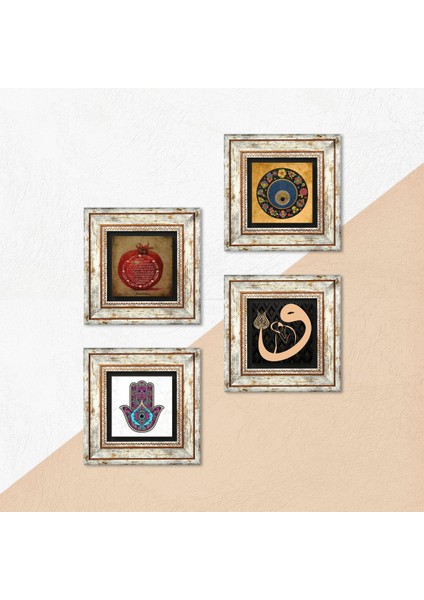 Stone Fatma Ana Eli (Hamsa), Vav, Nazar, Bereket Duası Çerçeveli Taş Duvar Tablosu 4’lü Set - Dekoratif Modern Sanat, Ev ve Ofis Dekoru |TK4-227| indirimleri
