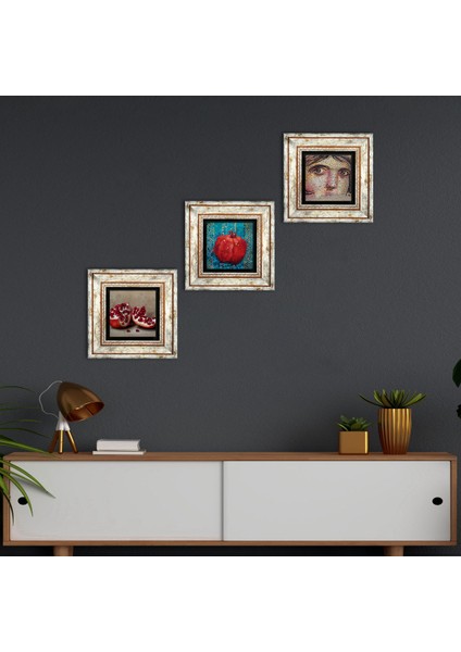 Çingene Kızı Mozaiği, Nar Taş Duvar Tablosu Çerçeveli Duvar Dekoru 3 Parça Tablo Seti Wall Art T3-796