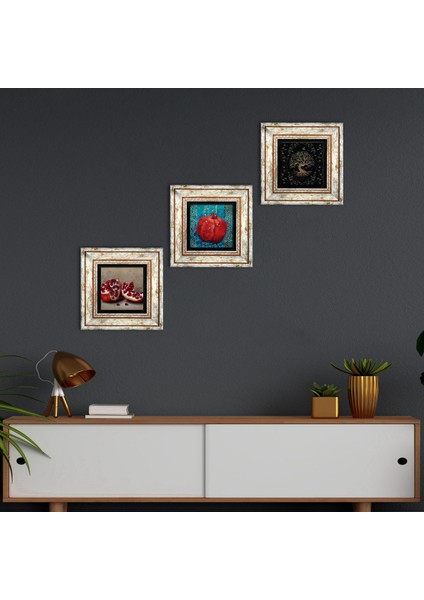 Hayat Ağacı, Nar Taş Duvar Tablosu Çerçeveli Duvar Dekoru 3 Parça Tablo Seti Wall Art T3-815