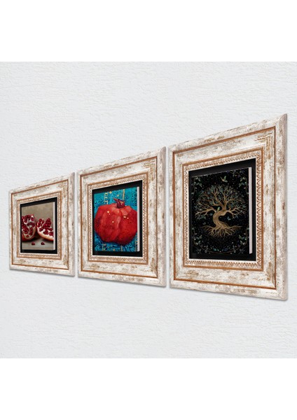 Hayat Ağacı, Nar Taş Duvar Tablosu Çerçeveli Duvar Dekoru 3 Parça Tablo Seti Wall Art T3-815