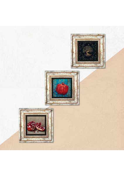 Hayat Ağacı, Nar Taş Duvar Tablosu Çerçeveli Duvar Dekoru 3 Parça Tablo Seti Wall Art T3-815