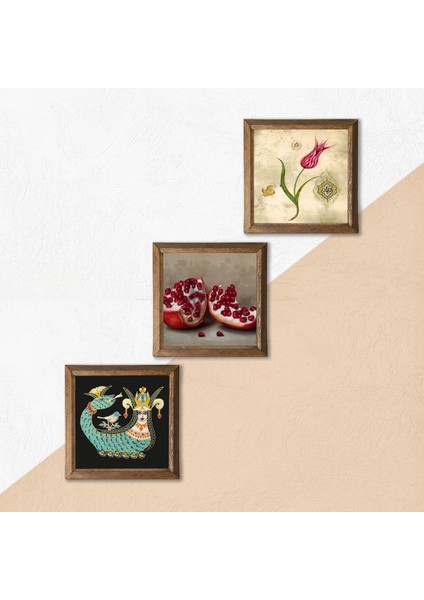 Stone Lale Ebru Sanatı, Şahmeran, Nar Ahşap Çerçeveli Taş Duvar Tablosu 3’lü Set – 25x25 cm Dekoratif Modern Sanat – Ev ve Ofis Dekoru |W3-990| indirimleri