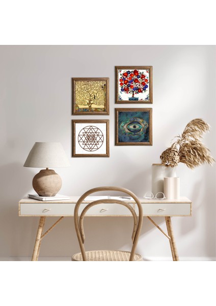 Nazar, Sri Yantra, Gustav Klimt Hayat Ağacı, Nar Ağacı Taş Duvar Tablosu Ahşap Çerçeveli Duvar Dekoru 4 Parça Tablo Seti Wall Art W4-1009