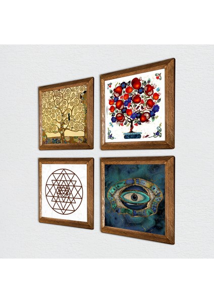 Nazar, Sri Yantra, Gustav Klimt Hayat Ağacı, Nar Ağacı Taş Duvar Tablosu Ahşap Çerçeveli Duvar Dekoru 4 Parça Tablo Seti Wall Art W4-1009 fiyatları