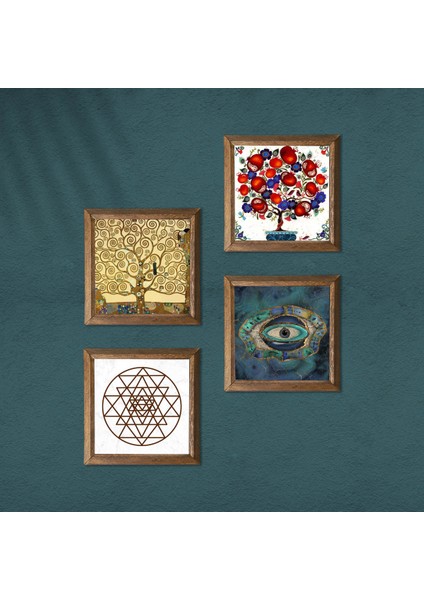 Nazar, Sri Yantra, Gustav Klimt Hayat Ağacı, Nar Ağacı Taş Duvar Tablosu Ahşap Çerçeveli Duvar Dekoru 4 Parça Tablo Seti Wall Art W4-1009 modelleri