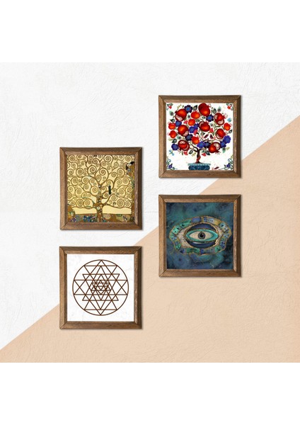 Nazar, Sri Yantra, Gustav Klimt Hayat Ağacı, Nar Ağacı Taş Duvar Tablosu Ahşap Çerçeveli Duvar Dekoru 4 Parça Tablo Seti Wall Art W4-1009 indirimleri