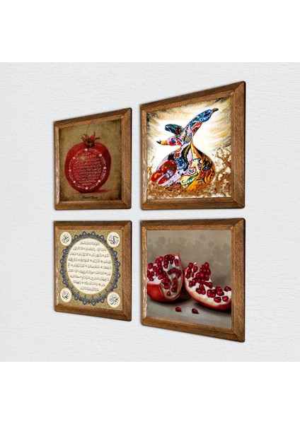 Hilye-i Şerif, Bereket Duası, Semazen, Nar Taş Duvar Tablosu Ahşap Çerçeveli Duvar Dekoru 4 Parça Tablo Seti Wall Art W4-652