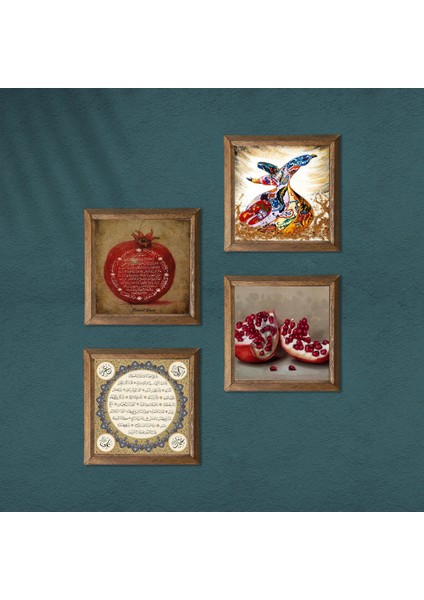 Hilye-i Şerif, Bereket Duası, Semazen, Nar Taş Duvar Tablosu Ahşap Çerçeveli Duvar Dekoru 4 Parça Tablo Seti Wall Art W4-652