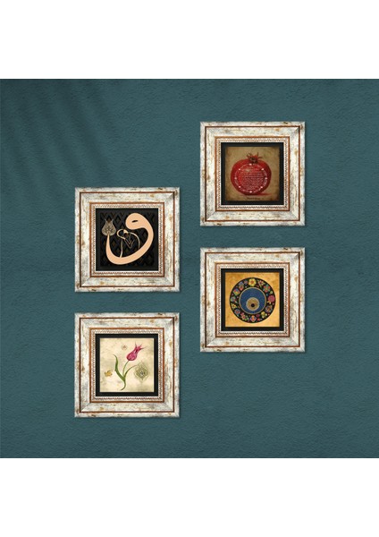 Lale, Vav, Nazar, Bereket Duası Taş Duvar Tablosu Çerçeveli Duvar Dekoru 4 Parça Tablo Seti Wall Art T4-200 fırsatları