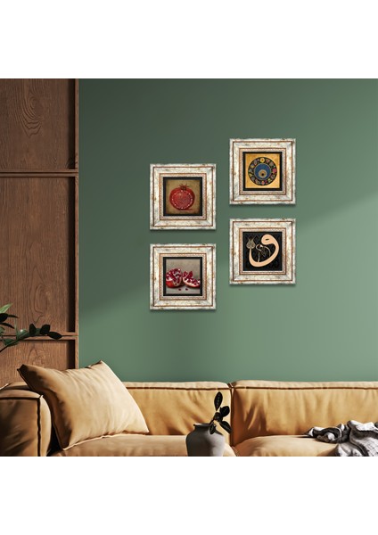 Vav, Nazar, Bereket Duası, Nar Taş Duvar Tablosu Çerçeveli Duvar Dekoru 4 Parça Tablo Seti Wall Art T4-209