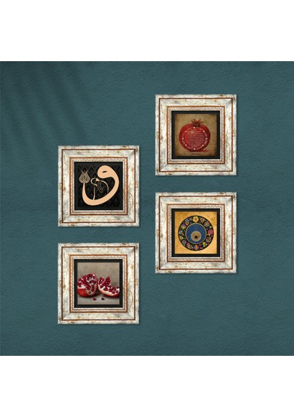 Vav, Nazar, Bereket Duası, Nar Taş Duvar Tablosu Çerçeveli Duvar Dekoru 4 Parça Tablo Seti Wall Art T4-209