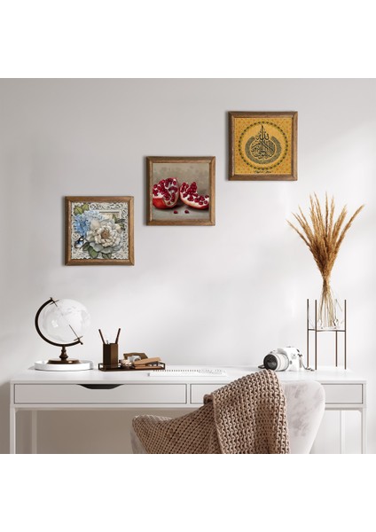 Ayet-el Kürsi, Kelebekli Çiçek, Nar Taş Duvar Tablosu Ahşap Çerçeveli Duvar Dekoru 3 Parça Tablo Seti Wall Art W3-1171