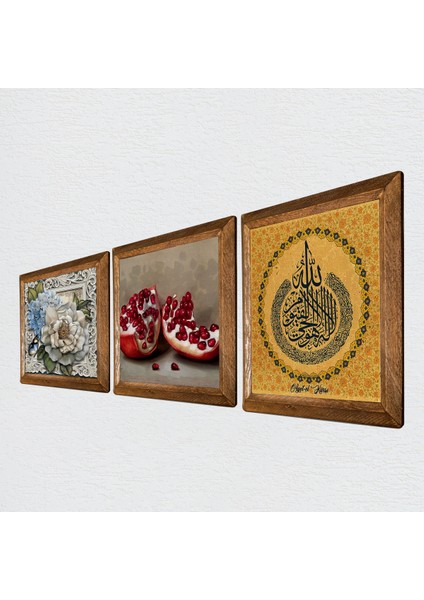 Ayet-el Kürsi, Kelebekli Çiçek, Nar Taş Duvar Tablosu Ahşap Çerçeveli Duvar Dekoru 3 Parça Tablo Seti Wall Art W3-1171