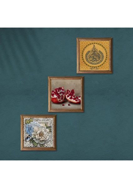 Ayet-el Kürsi, Kelebekli Çiçek, Nar Taş Duvar Tablosu Ahşap Çerçeveli Duvar Dekoru 3 Parça Tablo Seti Wall Art W3-1171