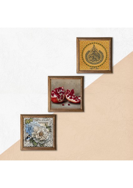 Ayet-el Kürsi, Kelebekli Çiçek, Nar Taş Duvar Tablosu Ahşap Çerçeveli Duvar Dekoru 3 Parça Tablo Seti Wall Art W3-1171