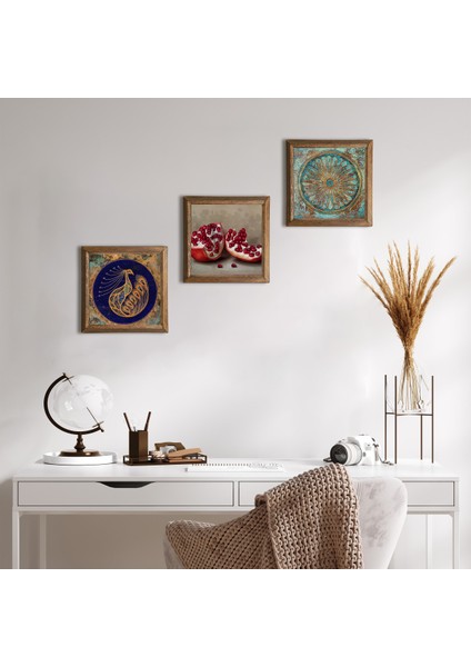 Tavus Kuşu, Yaşam Çiçeği, Nar Taş Duvar Tablosu Ahşap Çerçeveli Duvar Dekoru 3 Parça Tablo Seti Wall Art W3-1650