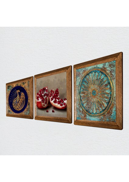 Tavus Kuşu, Yaşam Çiçeği, Nar Taş Duvar Tablosu Ahşap Çerçeveli Duvar Dekoru 3 Parça Tablo Seti Wall Art W3-1650 fiyatları
